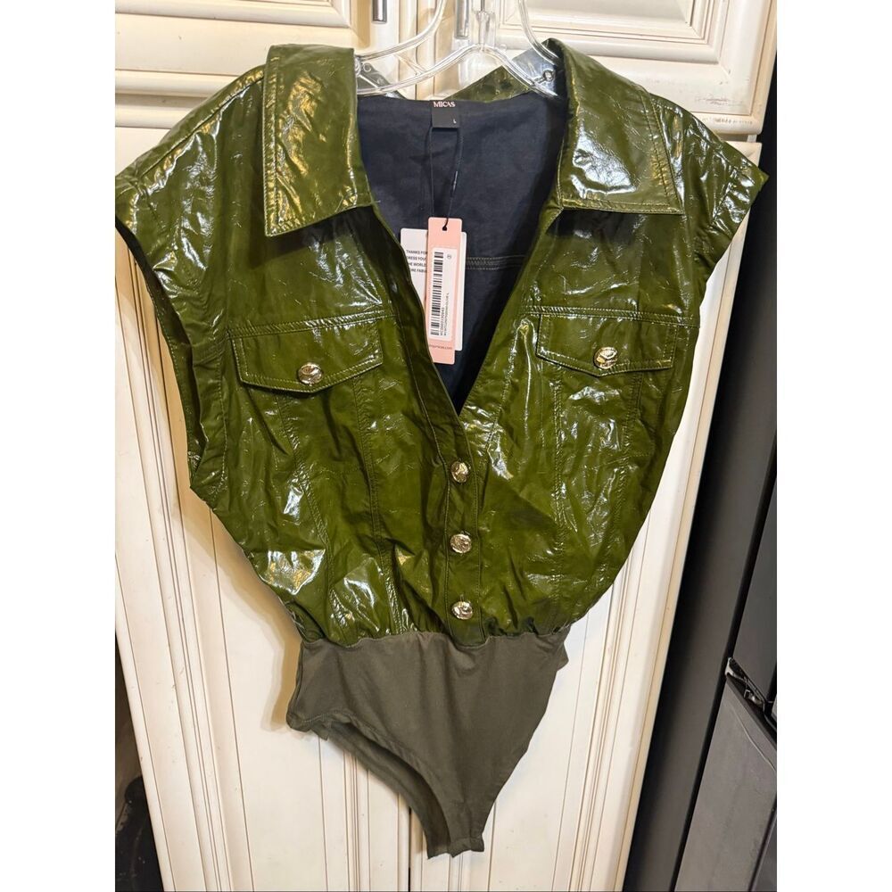 Micas Women's Faux Leather Button Patchwork Tank Sleeveless Bodysuit Olive Large